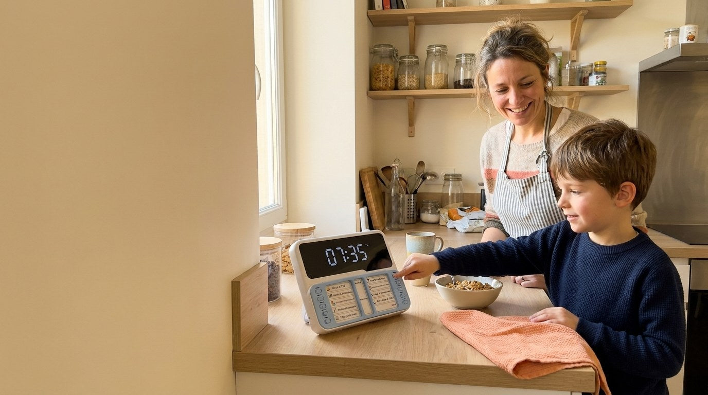 Une maman et son fils devant le minuteur Hopinou dans la cuisine