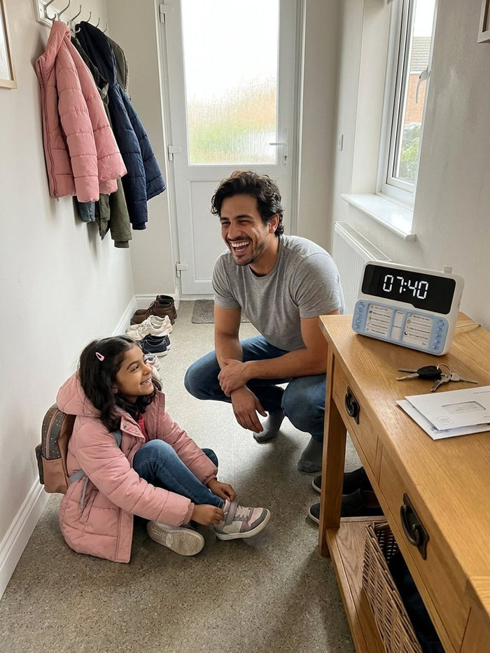 Une fille met ses chaussures avant l'école, son papa rit à côté du minuteur Hopinou