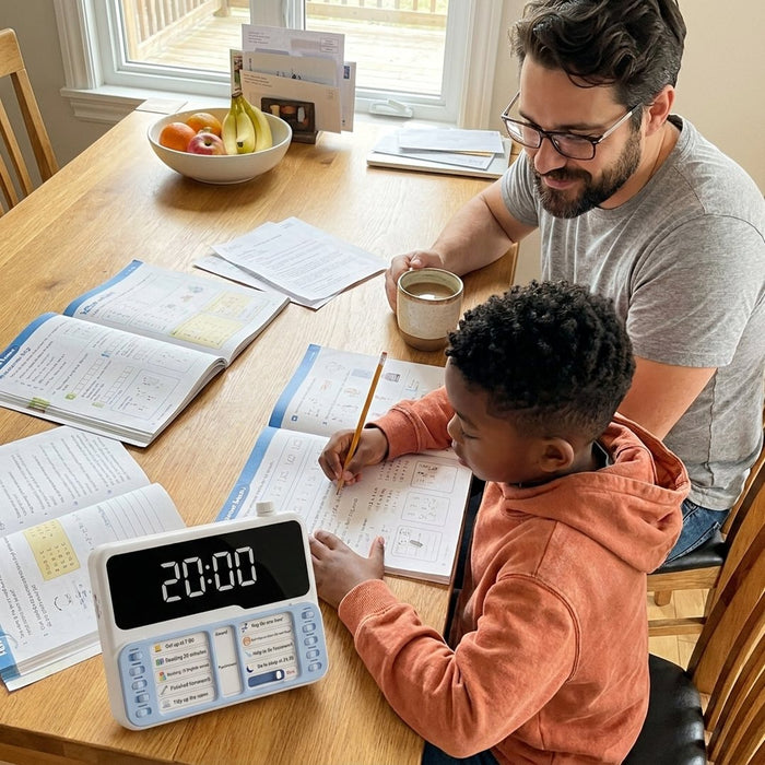 Un garçon fait ses devoirs avec le minuteur Hopinou sur la table