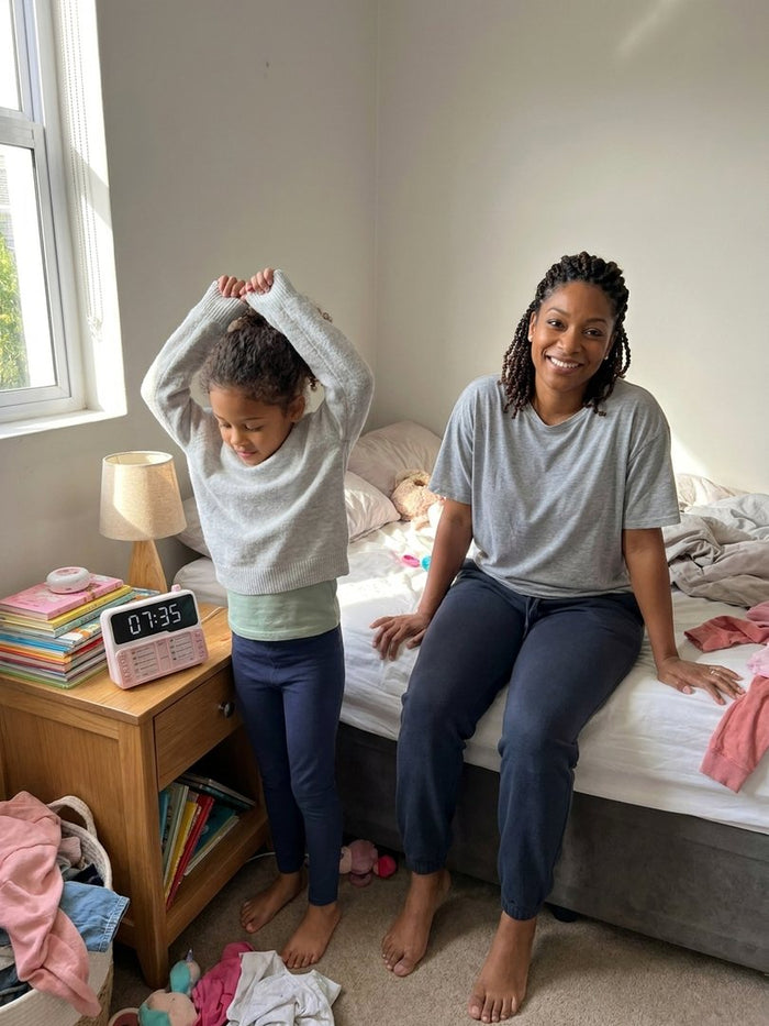 Une fille s'habille dans sa chambre en regardant le minuteur Hopinou rose