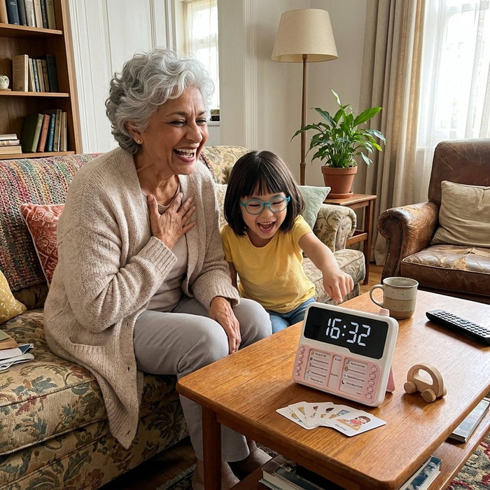 Une grand-mère et sa petite-fille rient devant le minuteur Hopinou rose
